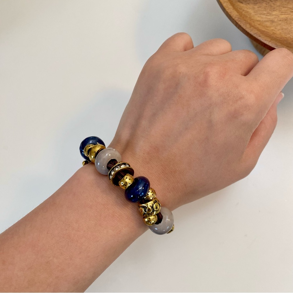 4/$15 Vintage Blue Grey Ceramic Beads Antique Gold Bronze Stretchy Bracelet